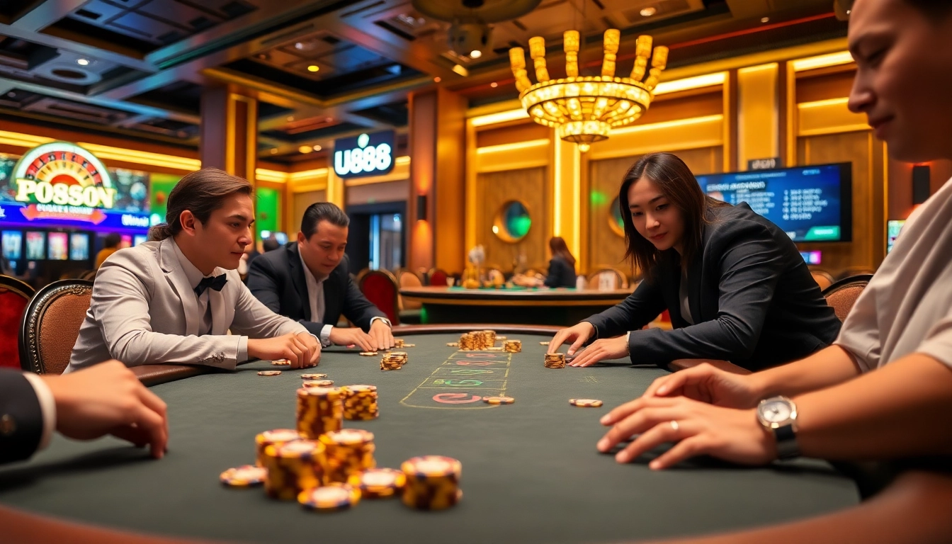 Players strategizing at a U888 poker table, surrounded by casino elements for an engaging gambling experience.