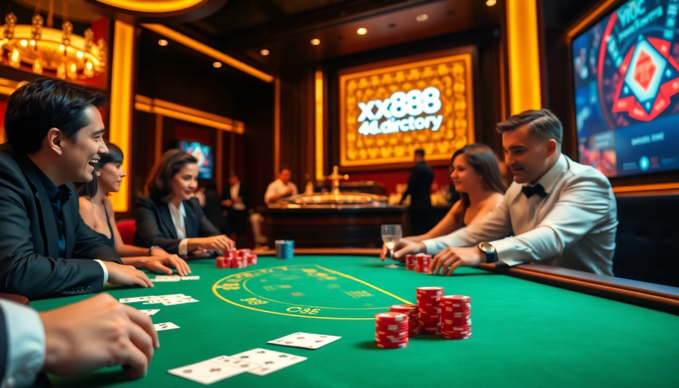 Players enjoy poker at an elegant gaming table, showcasing xx88.directory for exciting online gambling options.