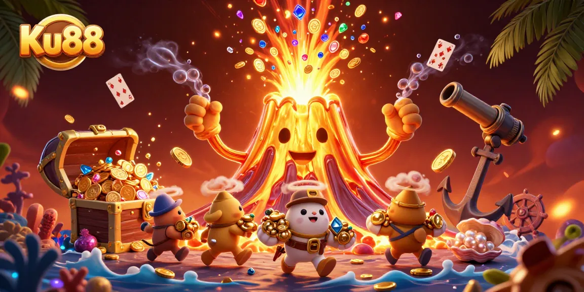 Experience the thrill of Ku88 with a vibrant 3D illustration of a volcano erupting coins and treasures.