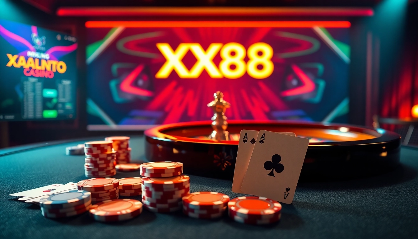 Experience luxury gaming at XX88 with vibrant poker chips and dealer cards.