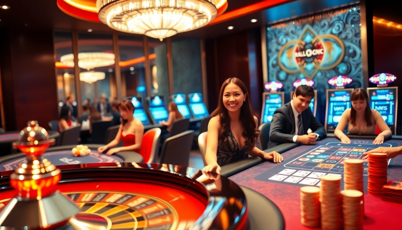 Experience thrilling games at https://hello88app.com/ featuring lively casino tables, poker chips, and roulette wheels.