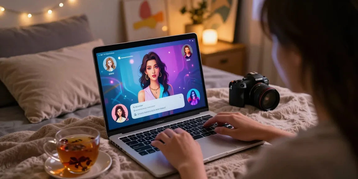 Engaging ai sex chat on a laptop with cozy decor and warm lighting.