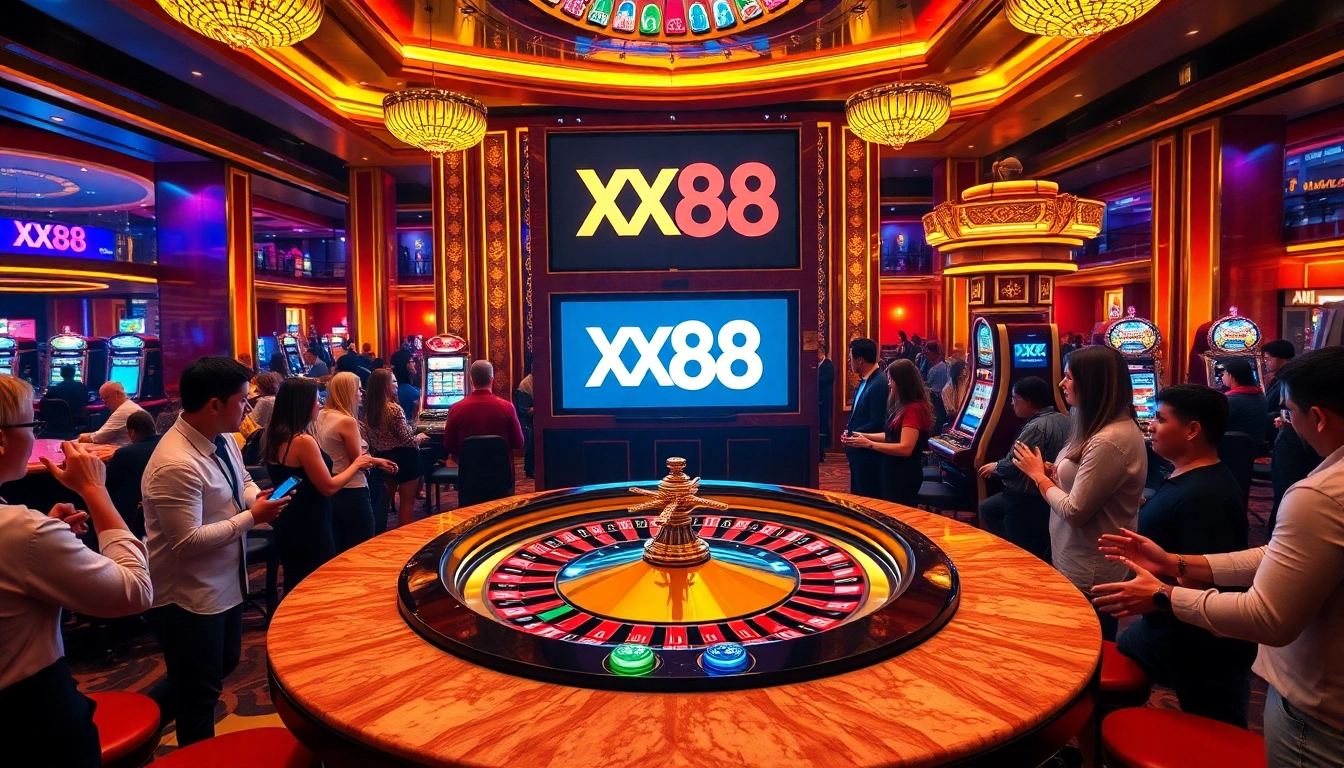 Chance players engage at a thrilling roulette table, showcasing the vibrant ambiance of XX88.
