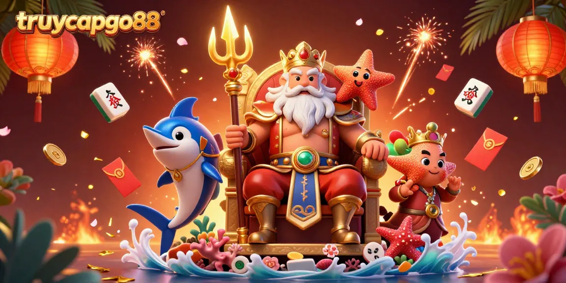 Play and win big with truycapgo88 in a vibrant 3D casino scene featuring Neptune and lucky symbols.