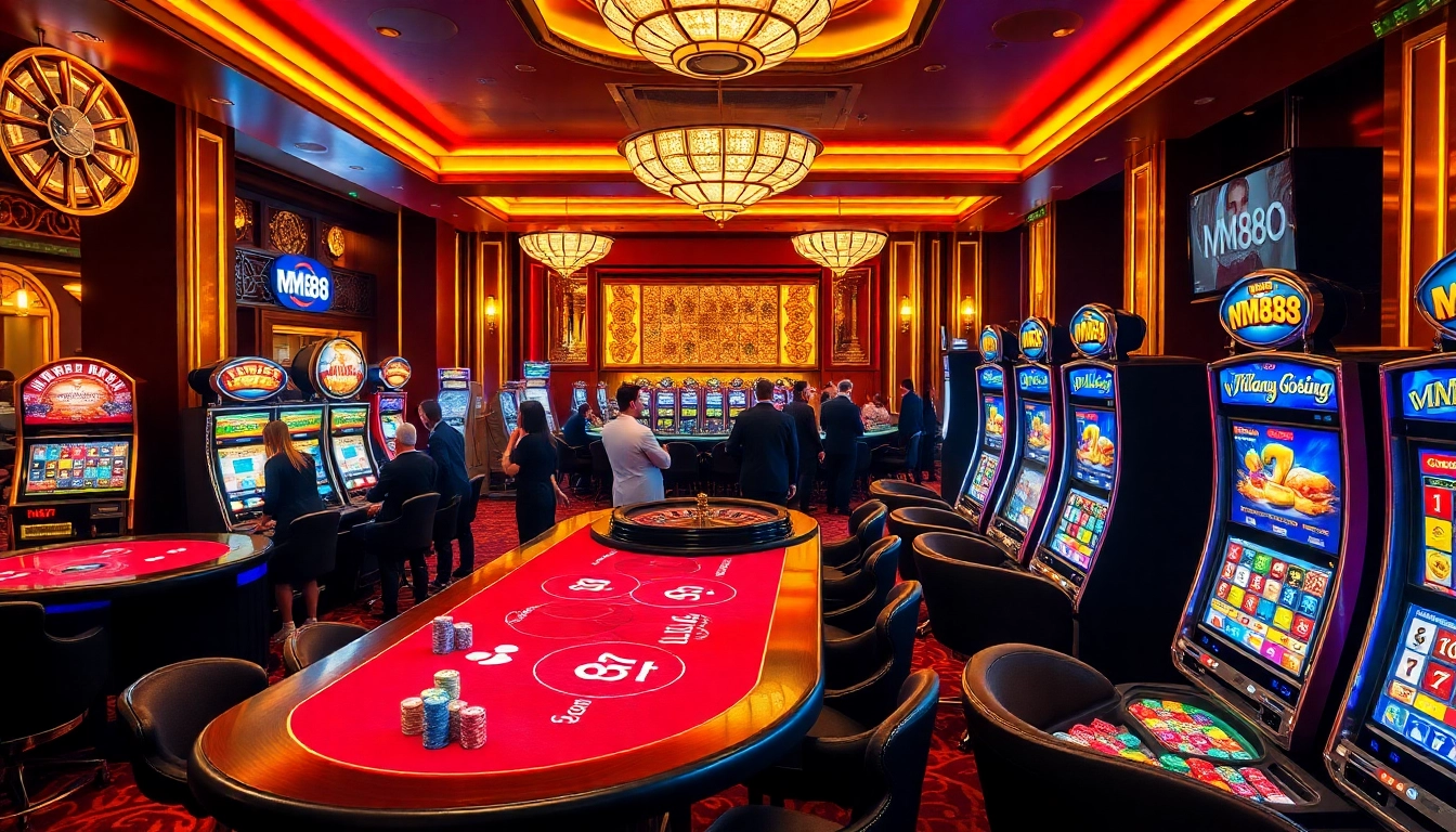 Experience the thrill of gaming at MM88's vibrant casino tables featuring dealers and slot machines.