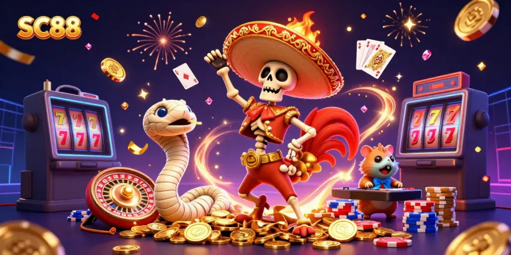 Celebrate wins at SC88 with a skeleton mariachi rooster dancing amidst a vibrant casino scene.