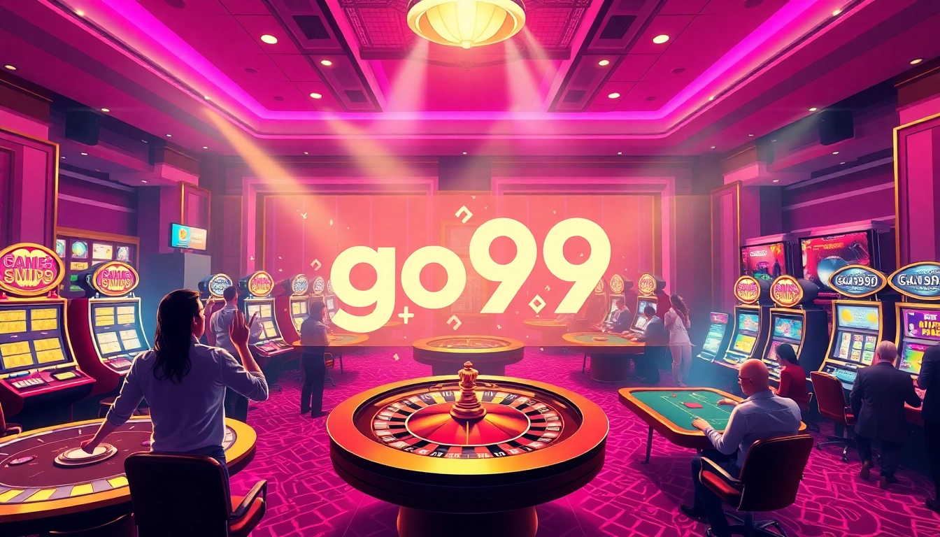 Experience the thrill of go99 at a bustling casino with poker tables, roulette wheels, and vibrant slot machines.