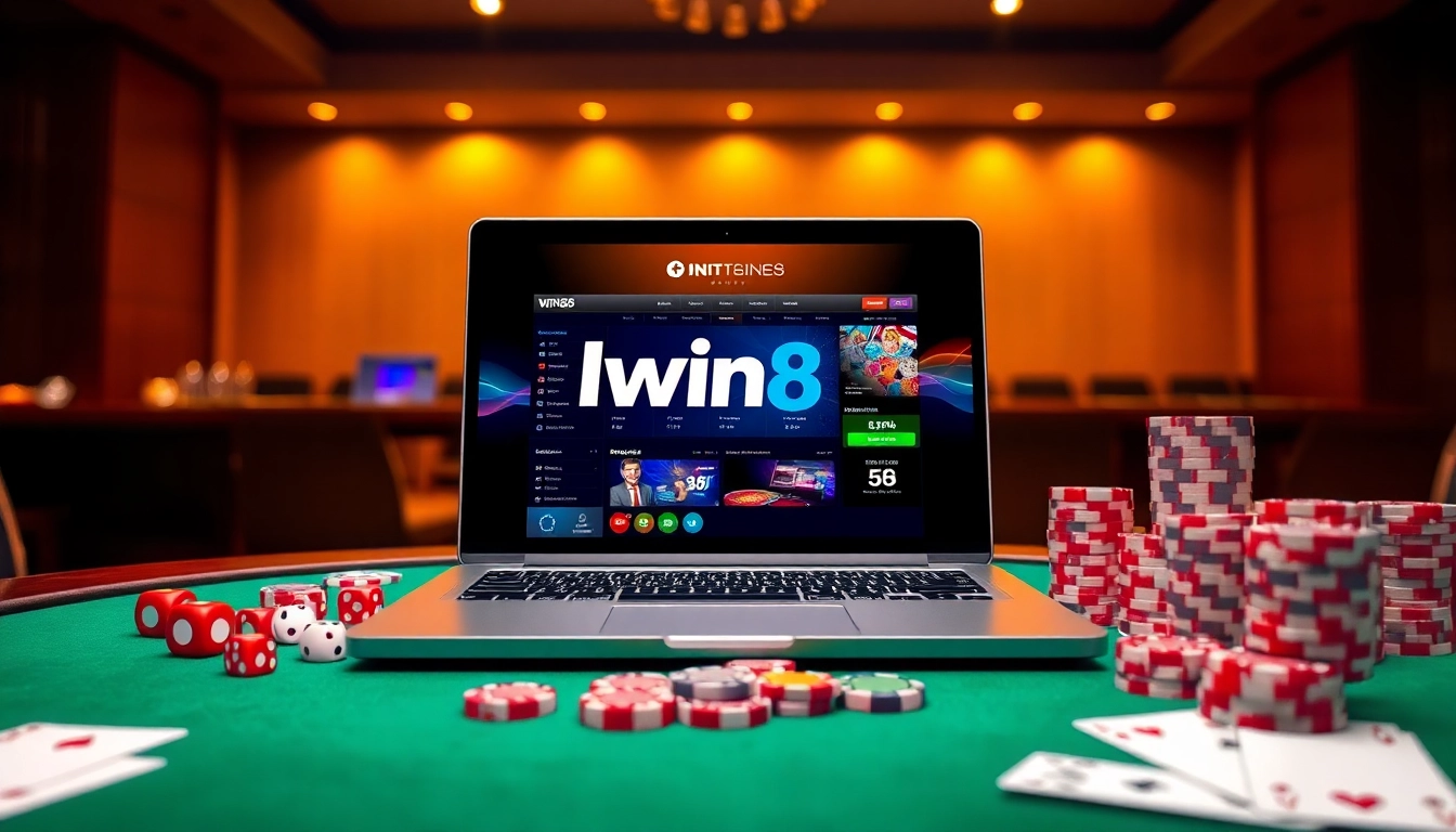 Iwin68 online gambling experience with poker chips and dice on a luxurious casino table.
