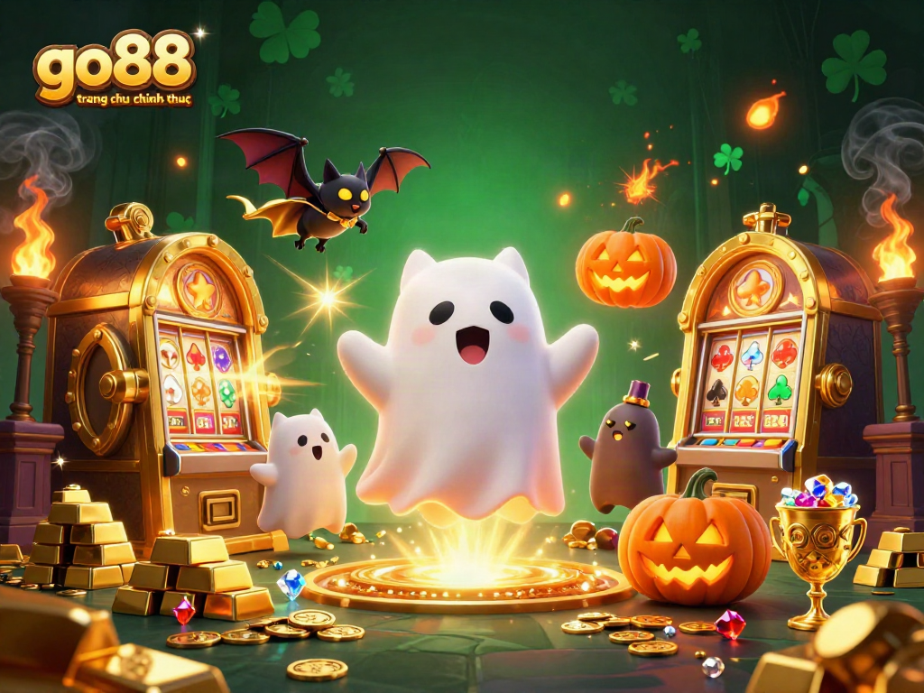 Engage with go88 trang chu chinh thuc as a friendly ghost cat haunts a vibrant casino scene.