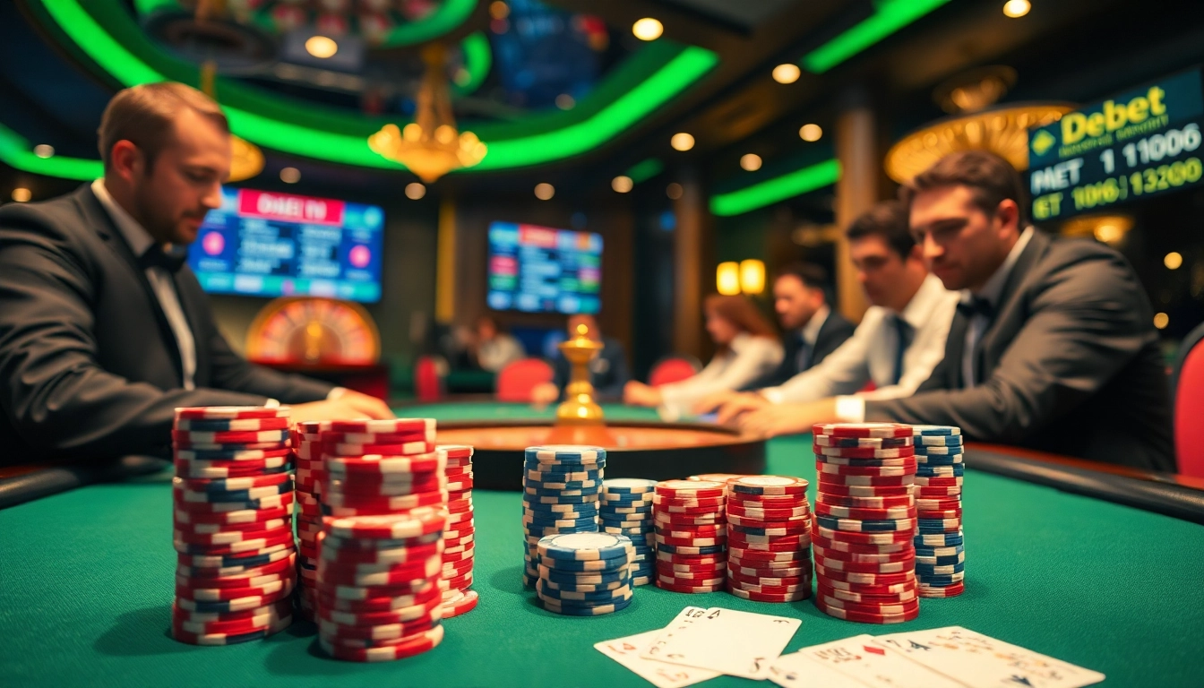 Experience the thrill of debet gaming with poker action, vibrant chips, and live betting odds in a luxurious casino setting.