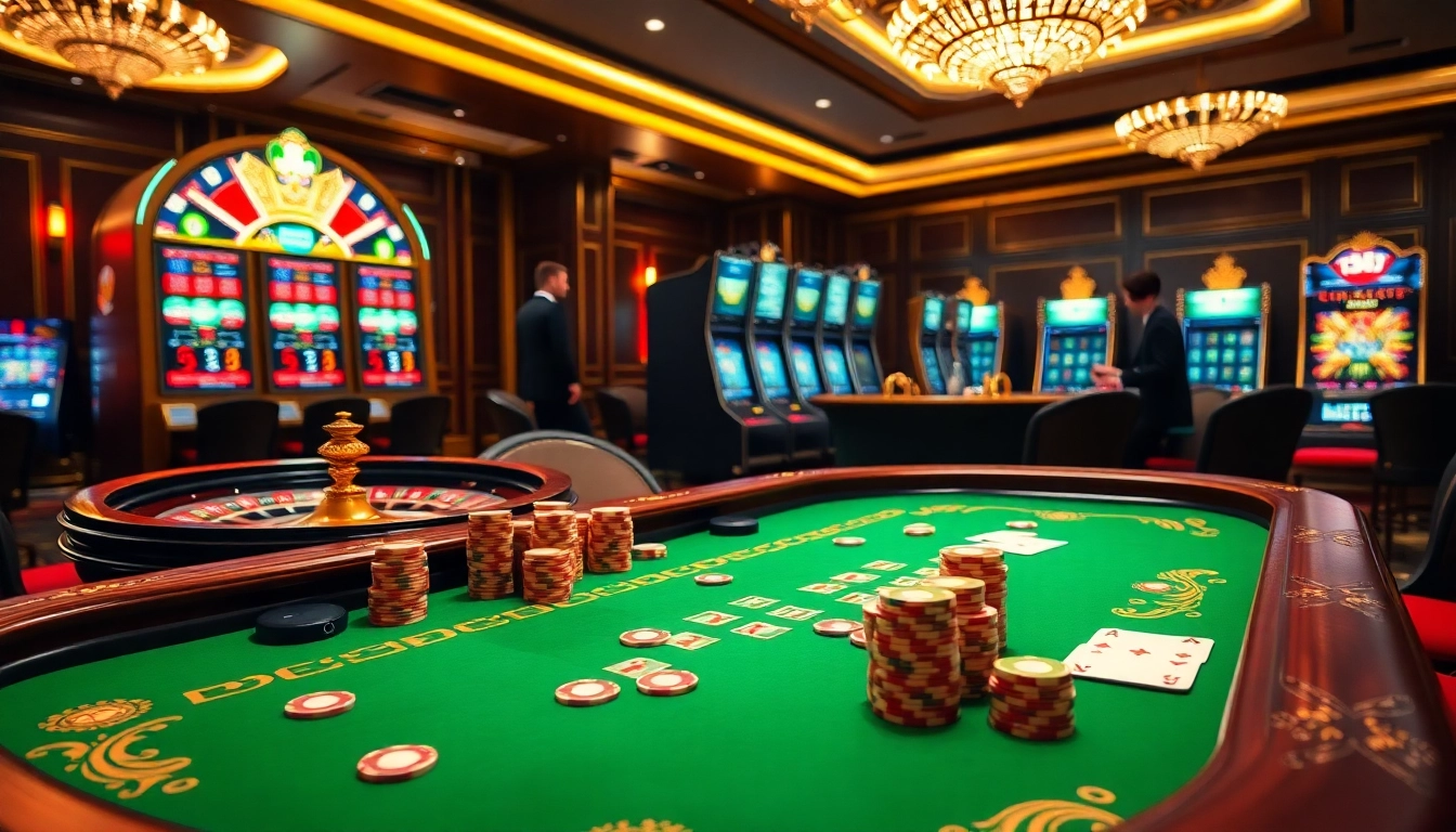 Engaging gambling session at a luxurious casino table featuring https://x88.law/ poker chips and cards.