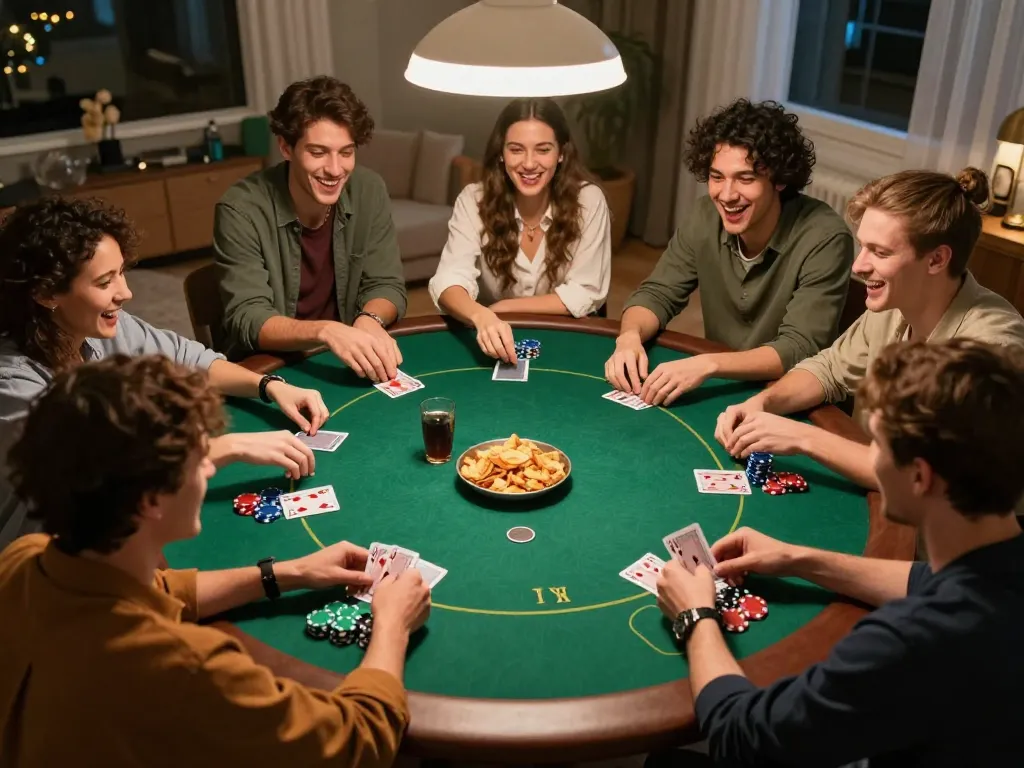 MAY88 hosts a lively home poker night with friends gathering around a table for competitive play.