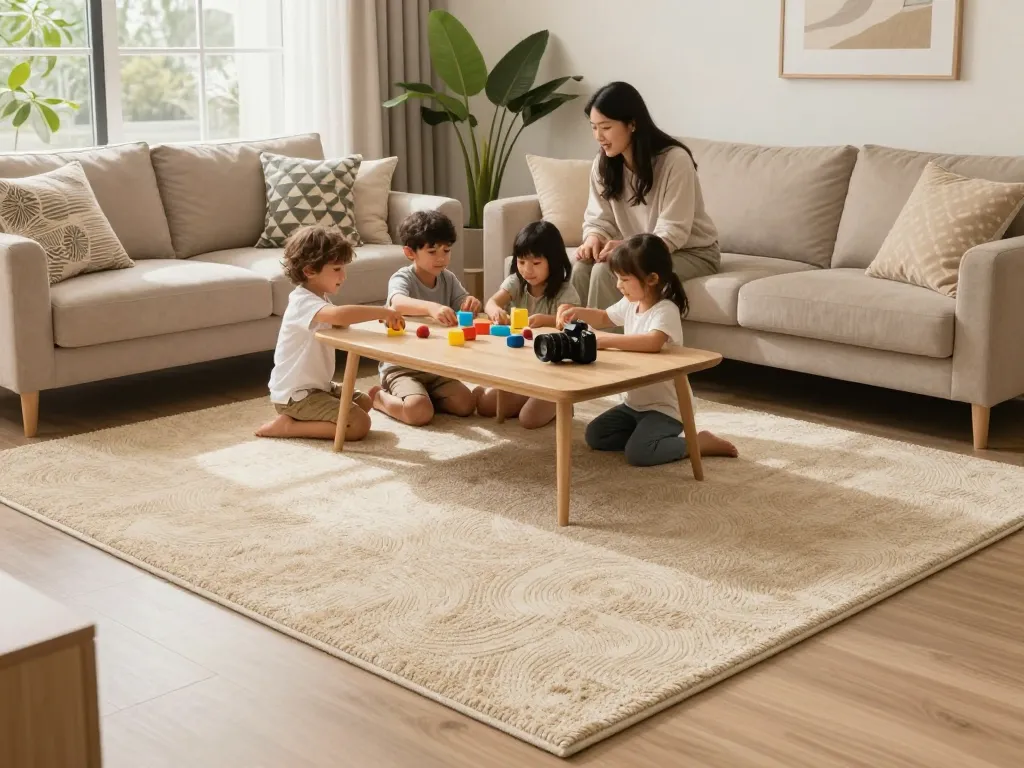Affordable carpets London featured in a cozy living room with family enjoying time together.