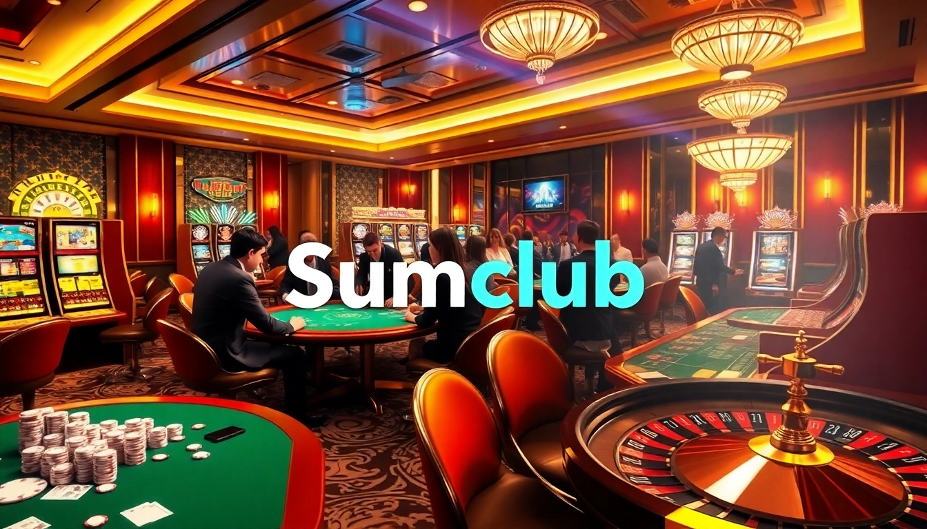 Gamblers celebrate winning big at Sumclub's elegant casino tables, surrounded by vibrant slot machines.