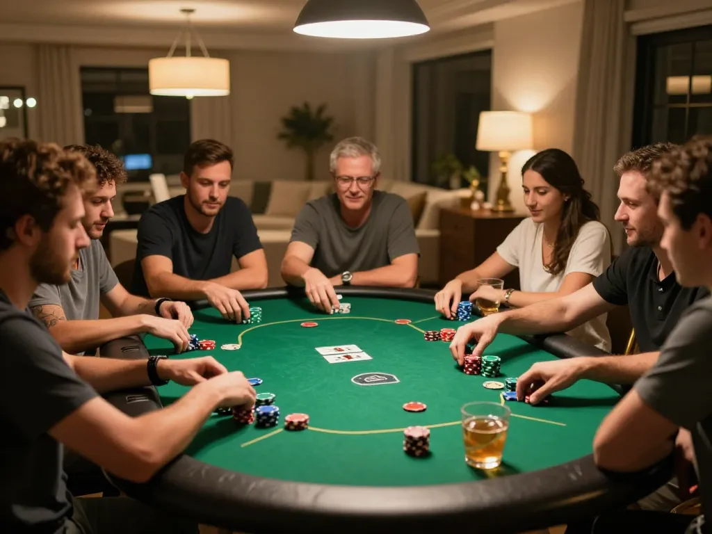 KUBET poker night with friends intensifying gameplay at a stylish round table, snacks and drinks enhance the social atmosphere