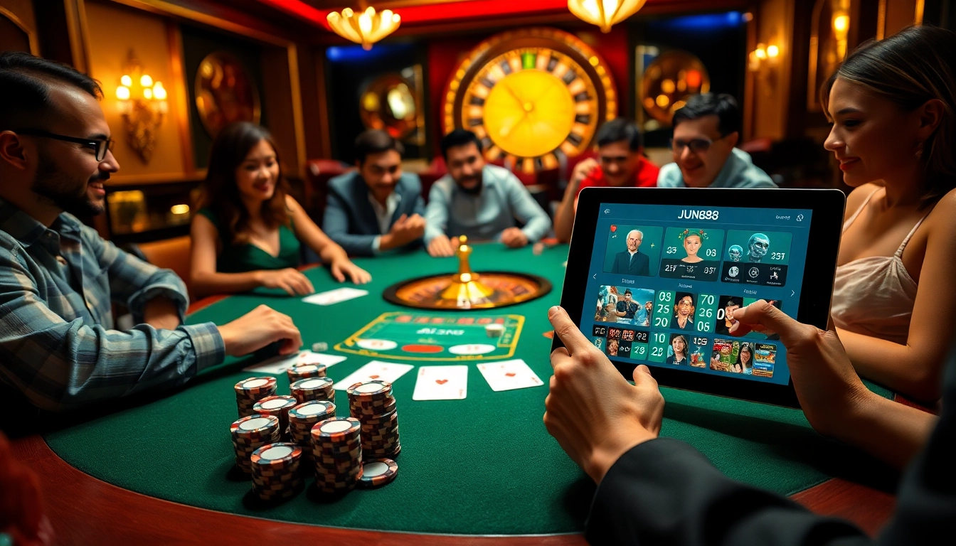 Players enjoying a thrilling game at Jun88 casino, enveloped in luxury and excitement.