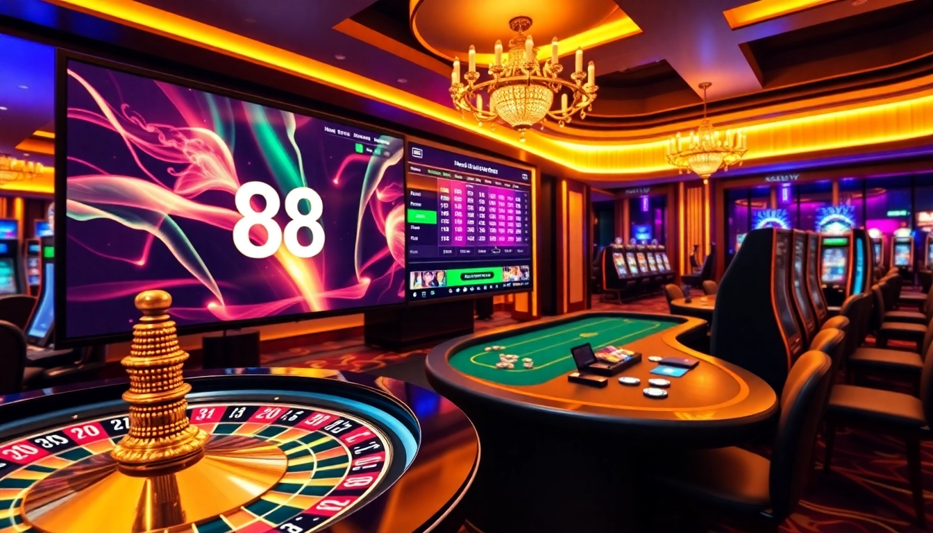 Experience the excitement of 88vv's luxurious casino gaming environment with vibrant slot machines and roulette.
