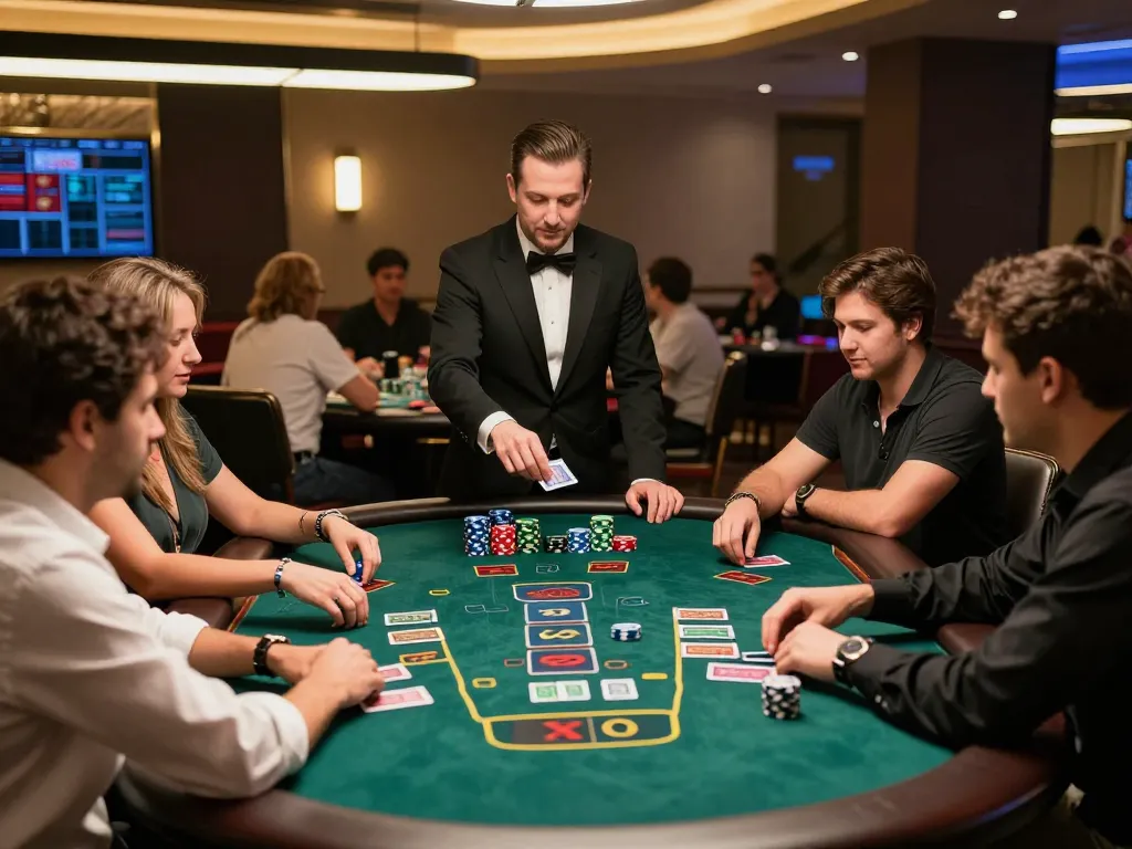 Players engaging in blackjack gameplay at FLY88's live casino with a professional dealer.