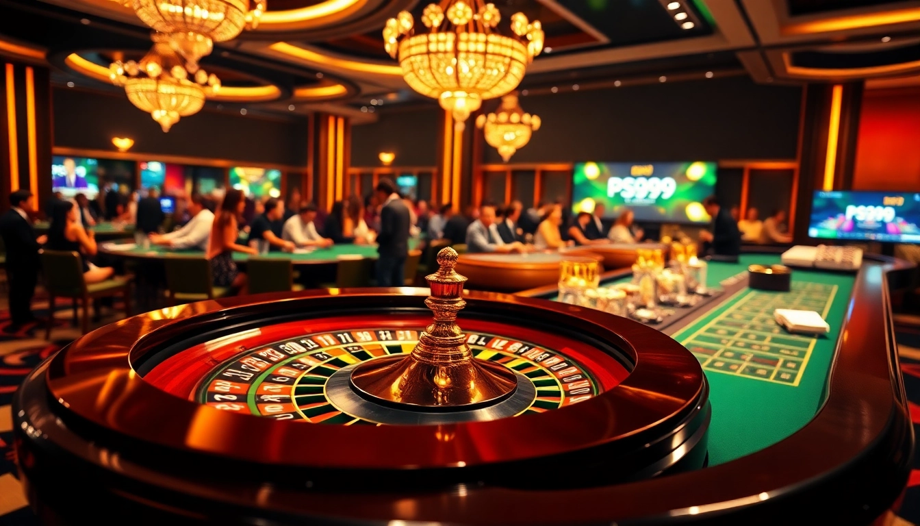 Players enjoying an exhilarating game at PS99 casino, with roulette and card tables overflowing with excitement.