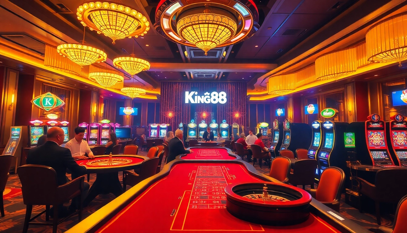 Experience the thrill of King88's casino atmosphere with vibrant tables and slot machines.