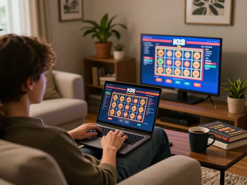 Engaging gameplay on the K8 casino platform from a cozy home setup with a laptop