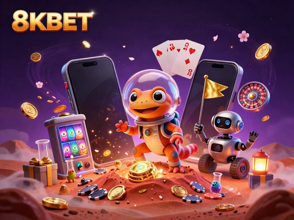 Experience thrilling gaming at 8KBET with vibrant casino elements and an adventurous Martian gecko!