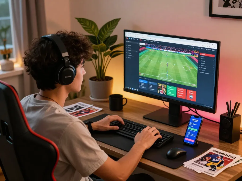 Engaging scene of an individual exploring fb88 betting platform at home office.