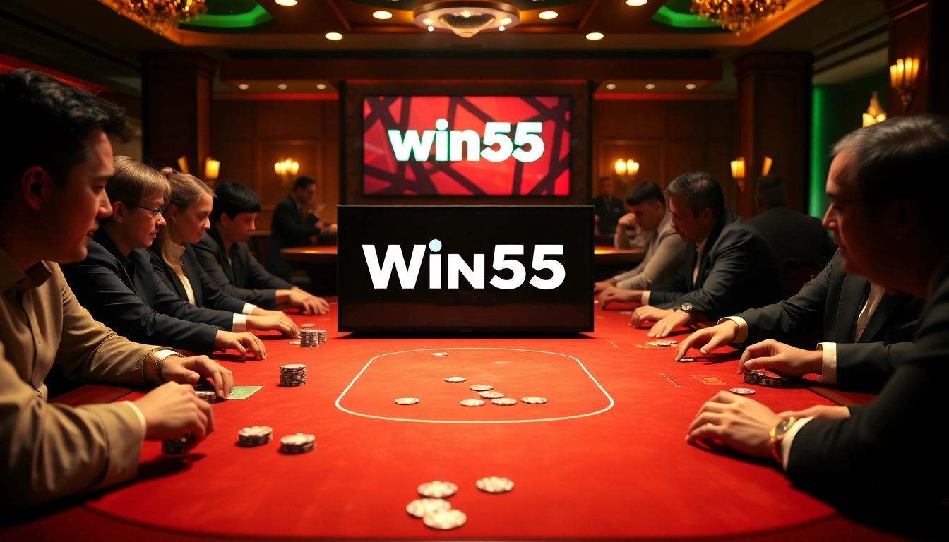 Experience exhilarating poker games at Win55 with professional players at a luxurious table.