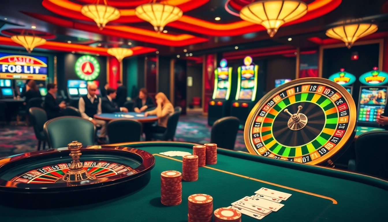 Players enjoying poker and roulette at FO88.LTD's luxurious casino setting.