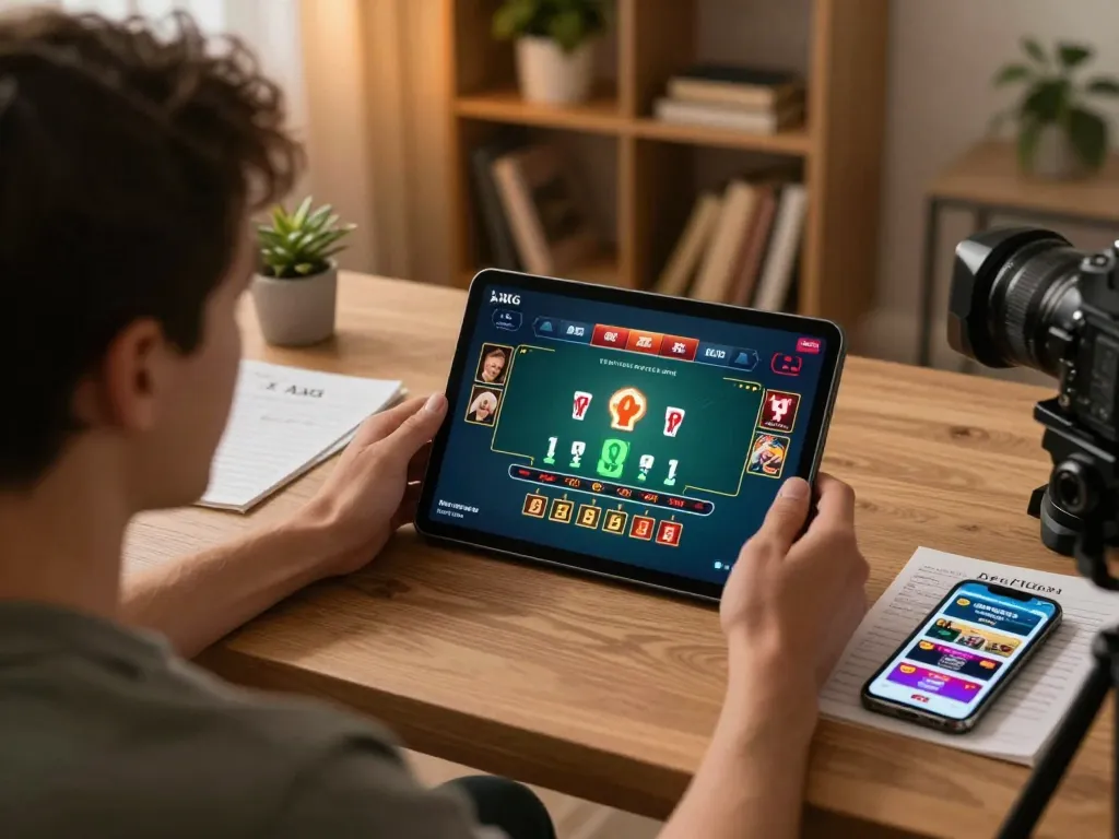 Player enjoying online gaming experience on XXGG platform using tablet in cozy workspace