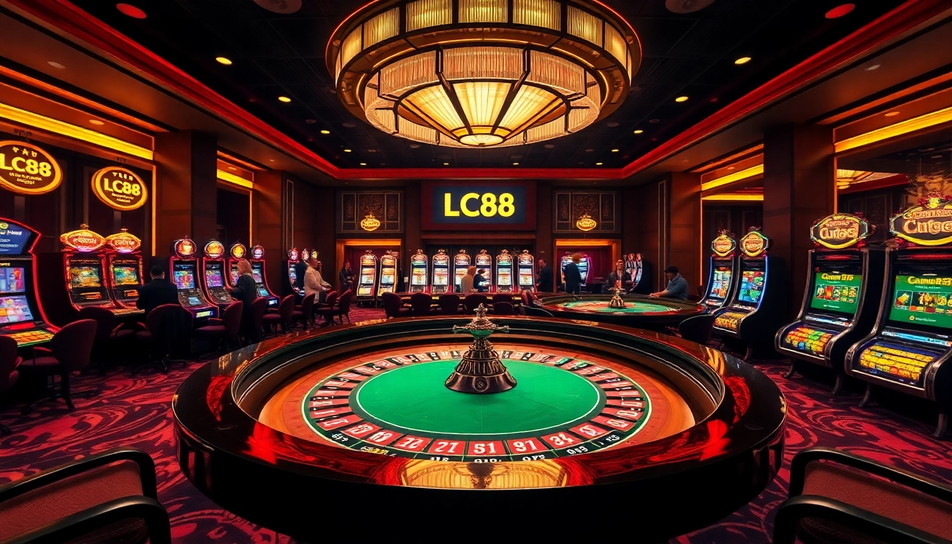 Engaged gamblers at a luxurious LC88 casino roulette table surrounded by vibrant chips and slot machines.