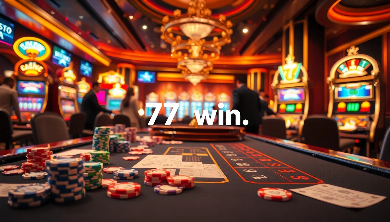 The casino atmosphere at https://77win.bar/ showcases an elegant gaming table with poker chips and a roulette wheel.