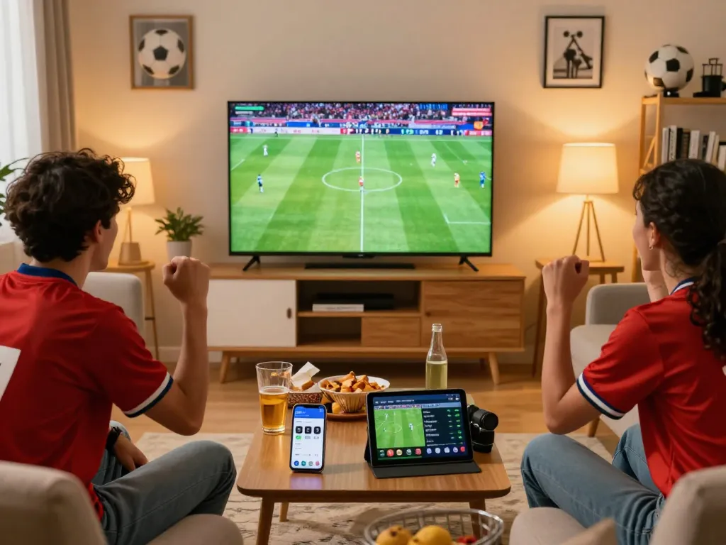 Cakhiatv live football streaming experience with fans cheering and snacks.