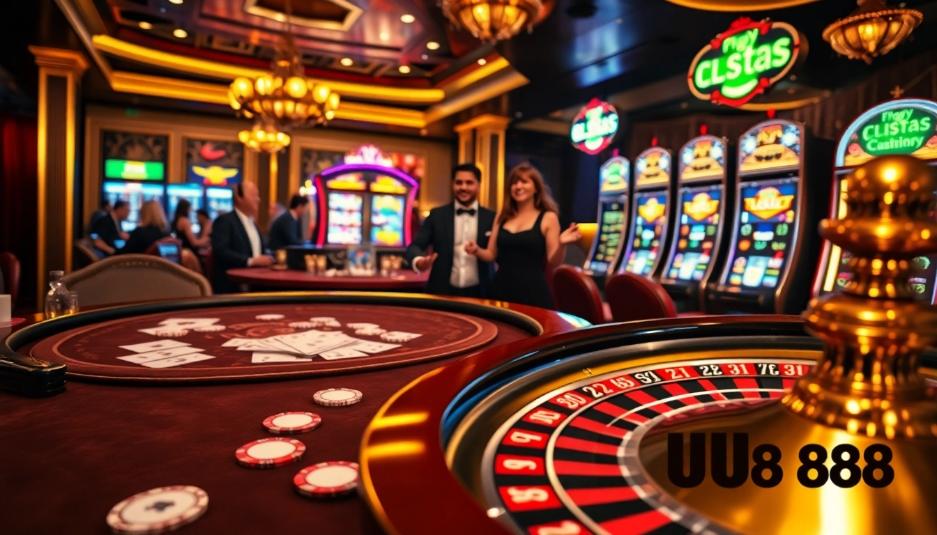 Experience thrilling gameplay at UU88's stylish casino tables with vibrant slot machines.