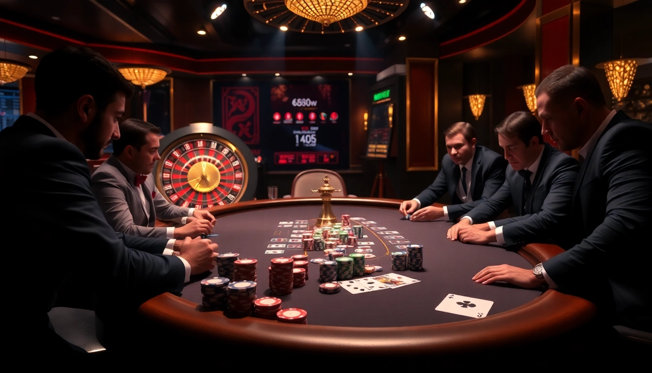 Players strategize at a poker table with 888now chips in a luxurious casino setting.