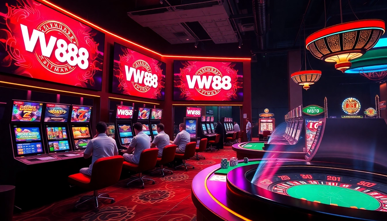 Exciting casino scene featuring WW88 logo with players and vibrant games like slots and poker.