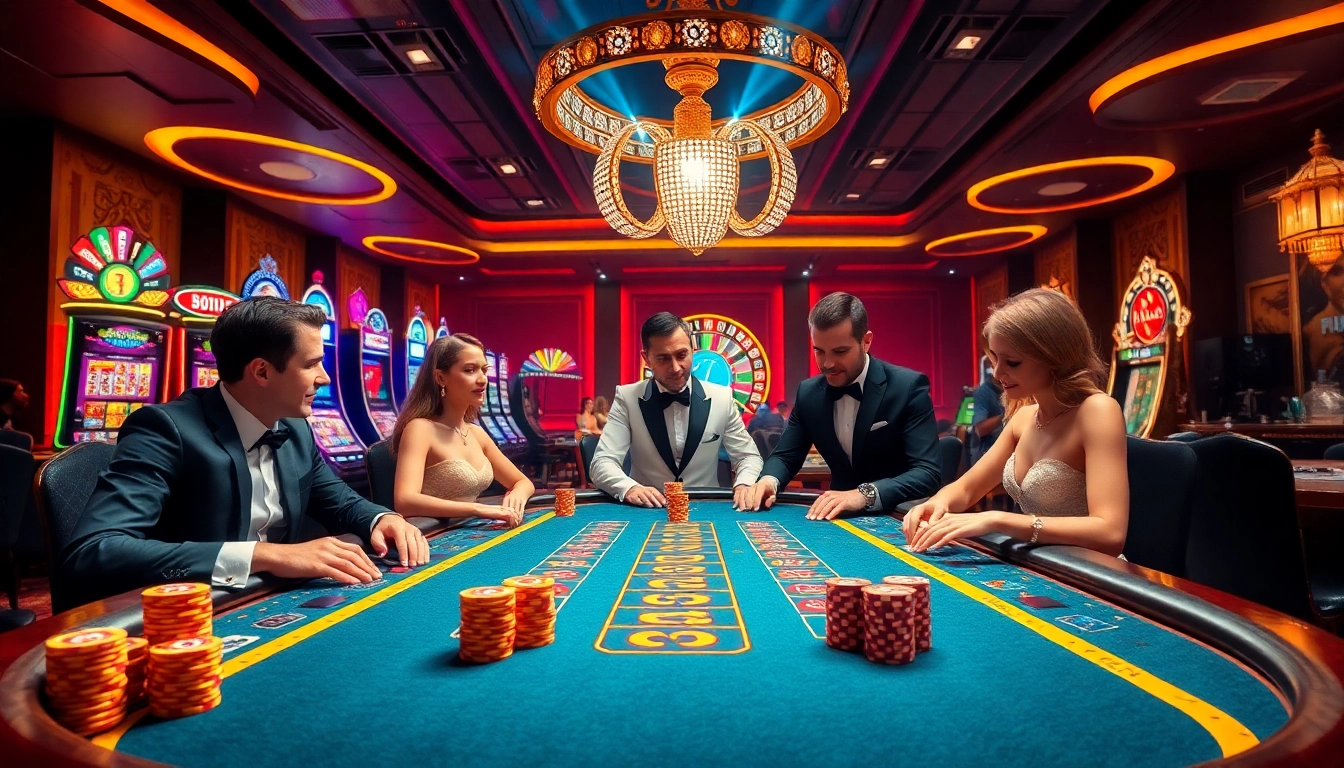Players enjoy a thrilling poker game at 33win, with vibrant chips and roulette wheel visible.