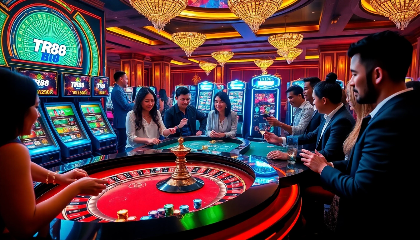 Experience the thrill of online gaming at TR88, featuring various casino tables and vibrant slots.
