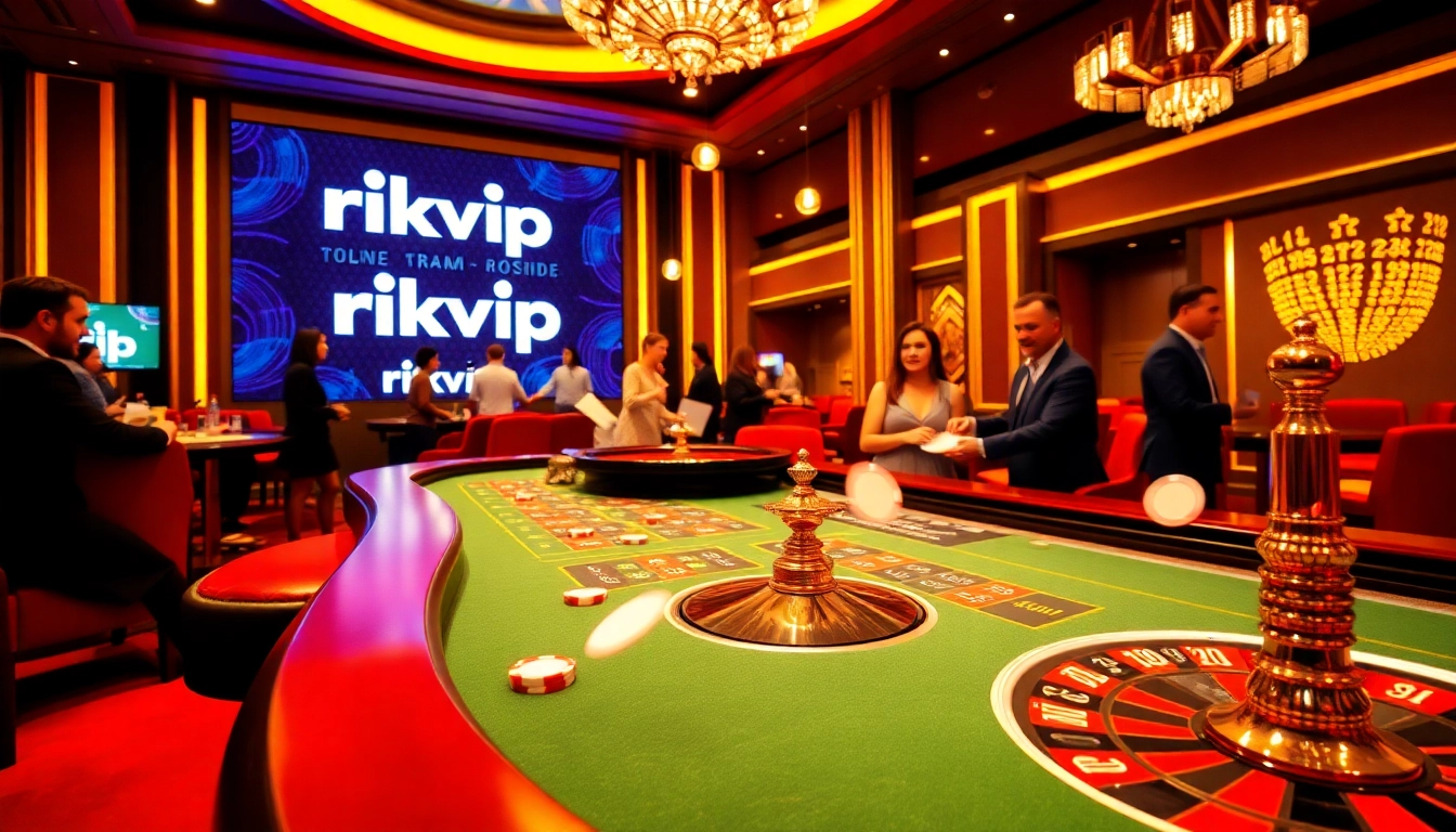 Engaging players experiencing thrill at rikvip casino table, showcasing poker chips and roulette wheel.