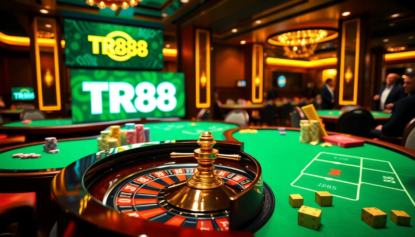 Experience vibrant casino excitement with TR88 logo featured prominently in a luxurious gaming scene.