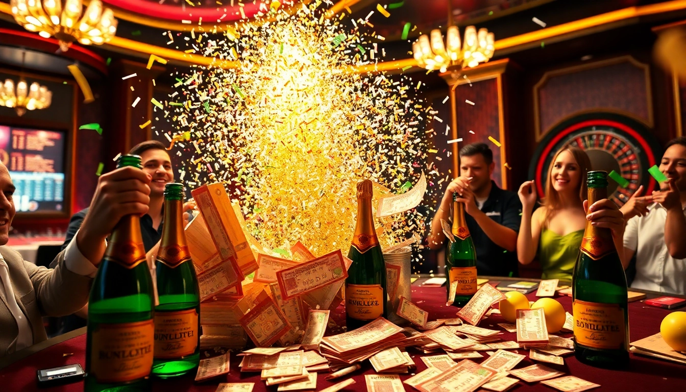 Explosion of a prize-winning lottery celebrated in a luxurious casino atmosphere.