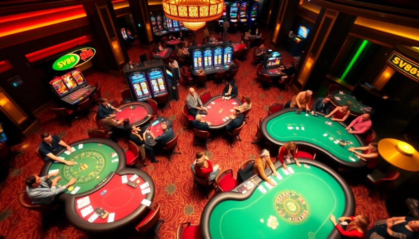 Engaging casino gaming scene showcasing SV88 players at poker tables and vibrant slot machines.