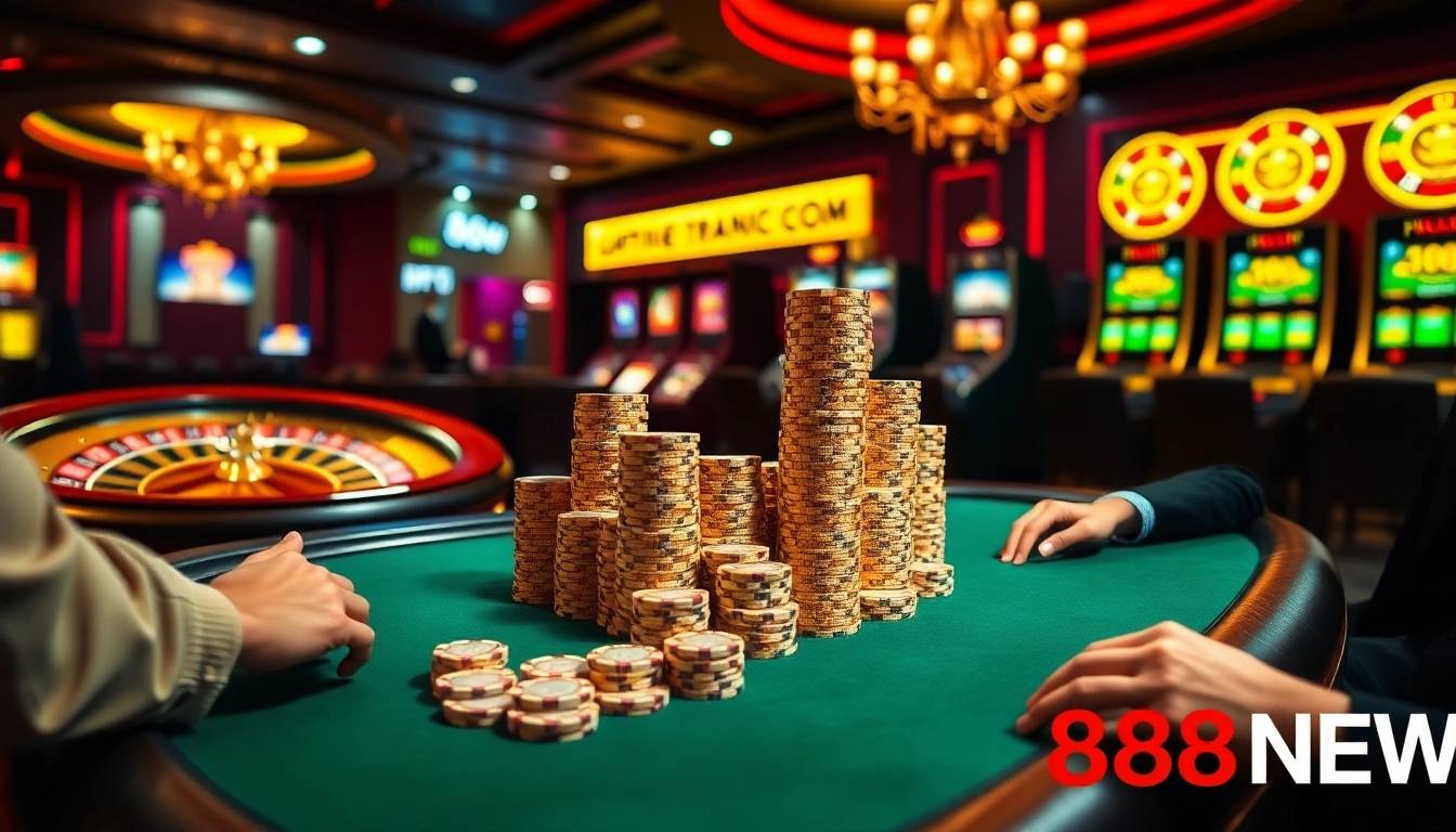 Intense poker action at 888NEW casino with vibrant chips and roulette in the background.