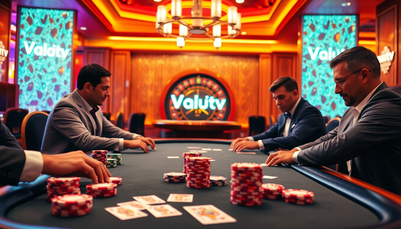 Intensely focused poker players and colorful chips at Vaoluoitv casino.