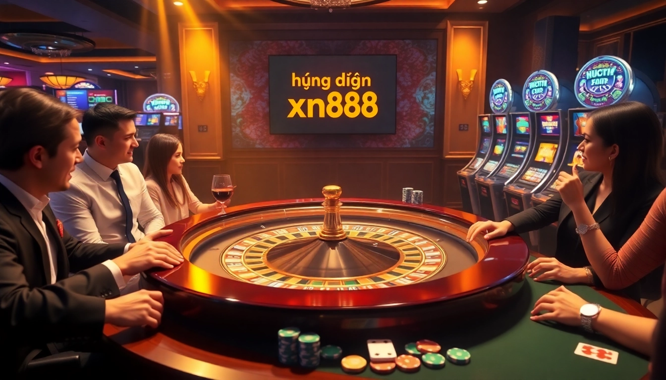 A dynamic scene showcasing a roulette table and poker chips, highlighting hướng dẫn xn88 for players seeking gaming strategies.