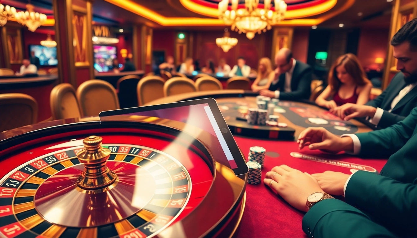 Experience HAYWIN's engaging casino atmosphere with players at poker tables and vibrant roulette wheels.