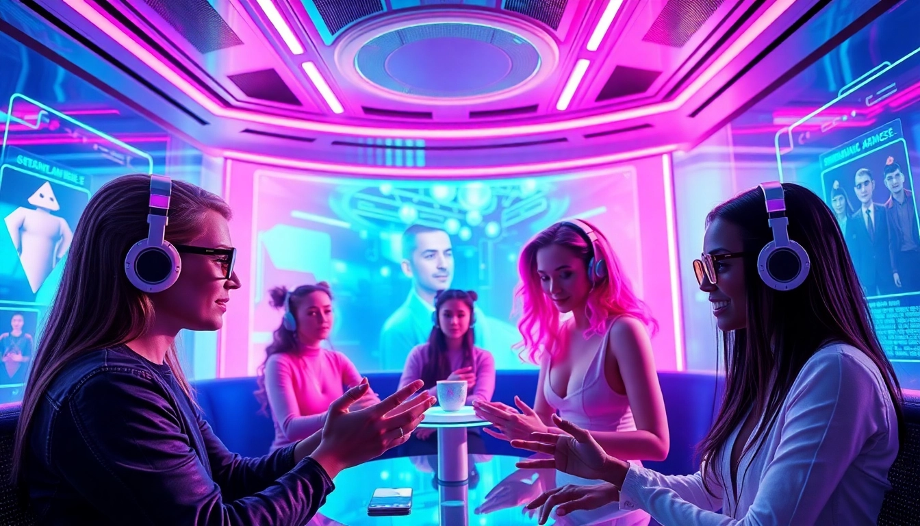 Engaging AI chat scene illustrating diverse characters in a vibrant futuristic setting focused on sex ai interactions.