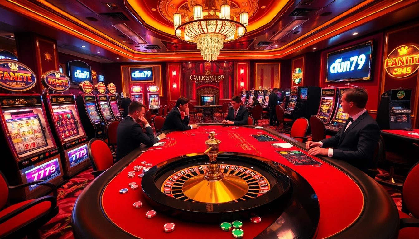 Players engage at a luxurious fun79 casino poker table amidst vibrant slot machines.