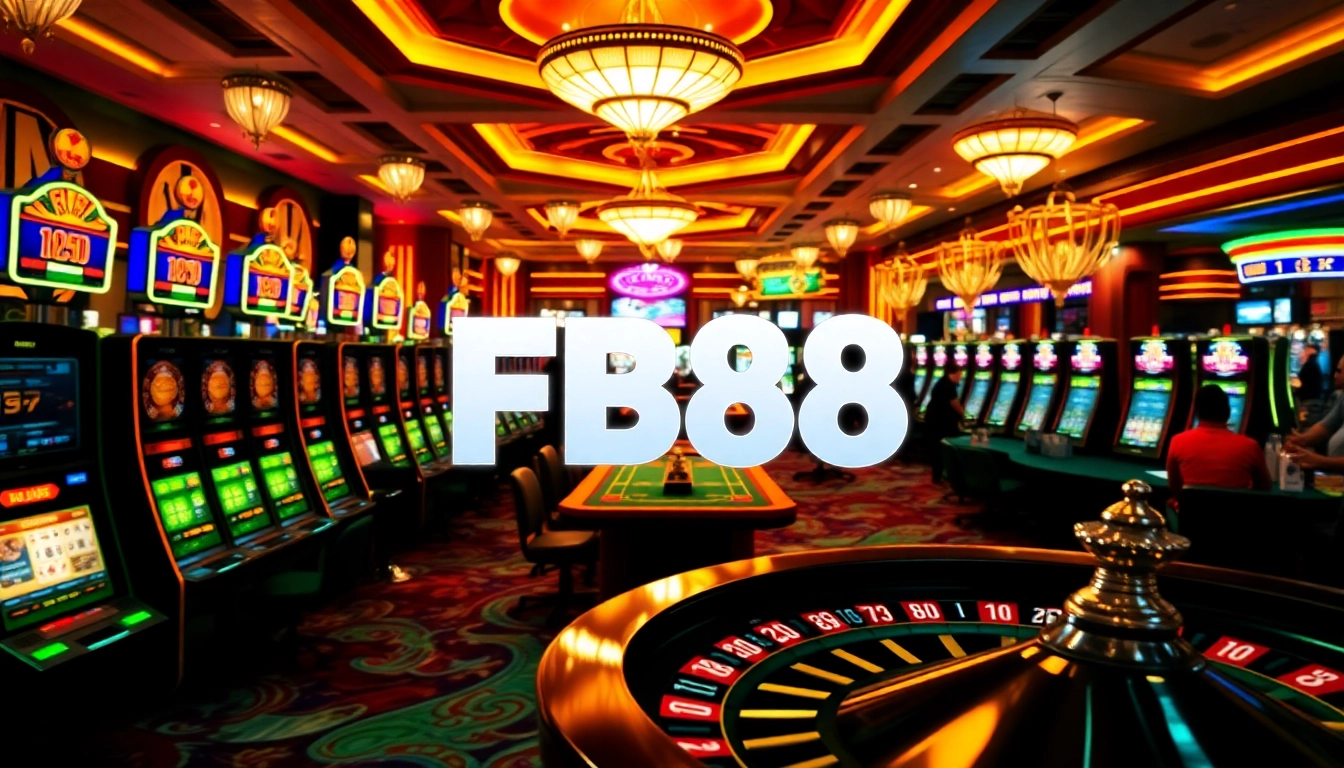 FB88 players enjoying a vibrant casino atmosphere with tables, chips, and glowing slot machines