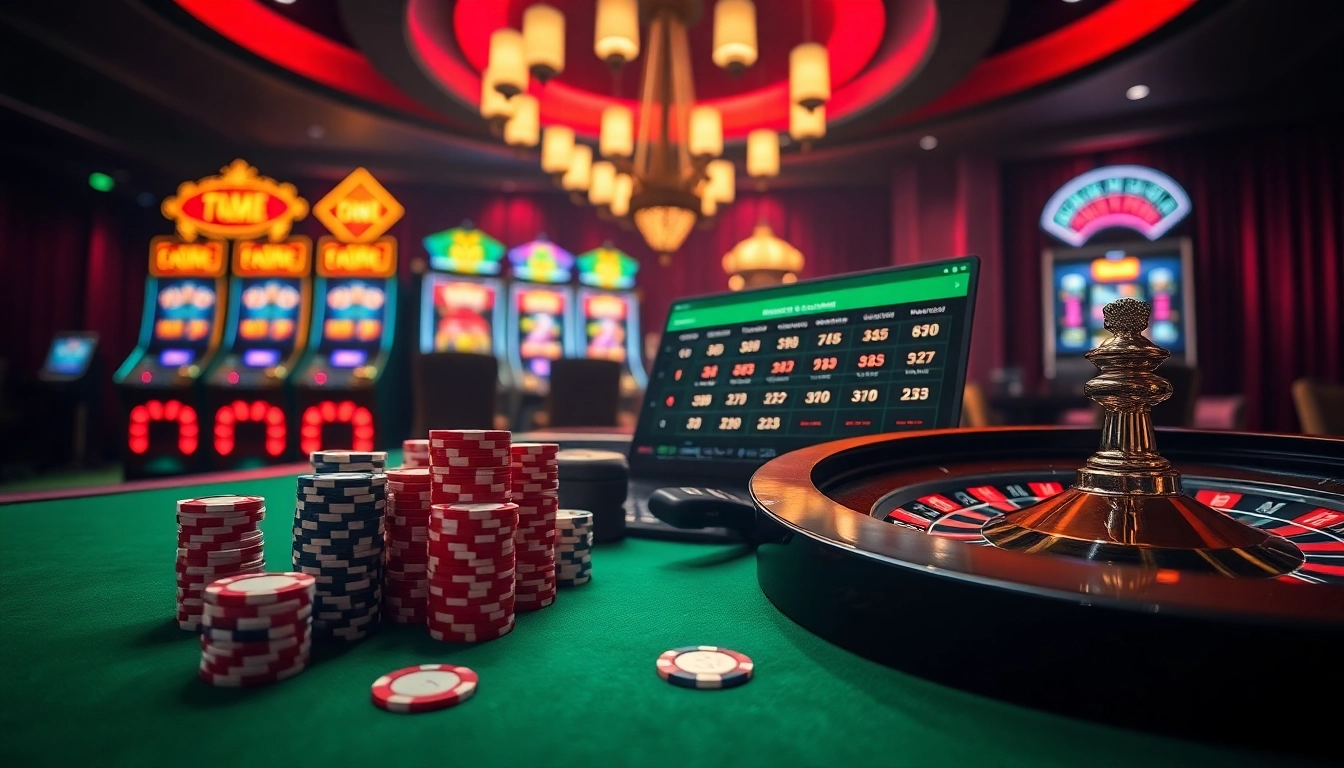 Engage in thrilling gameplay at https://keonhacai.claims/ with exciting slot machines and a roulette wheel in a luxurious casino setting.